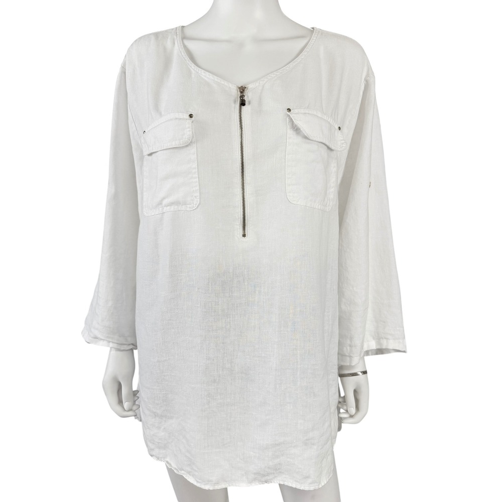 Company Ellen Tracy 100% Linen Tunic Blouse Half Zip Roll Tab Coastal Luxe XXL